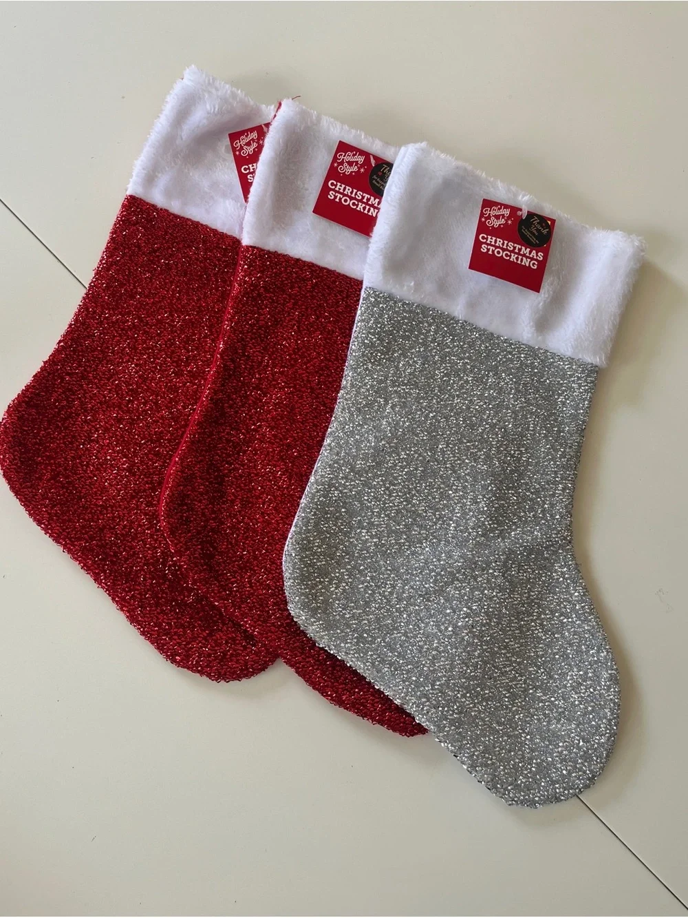 Sparkling Christmas Stockings - Red & Silver with White Cuff